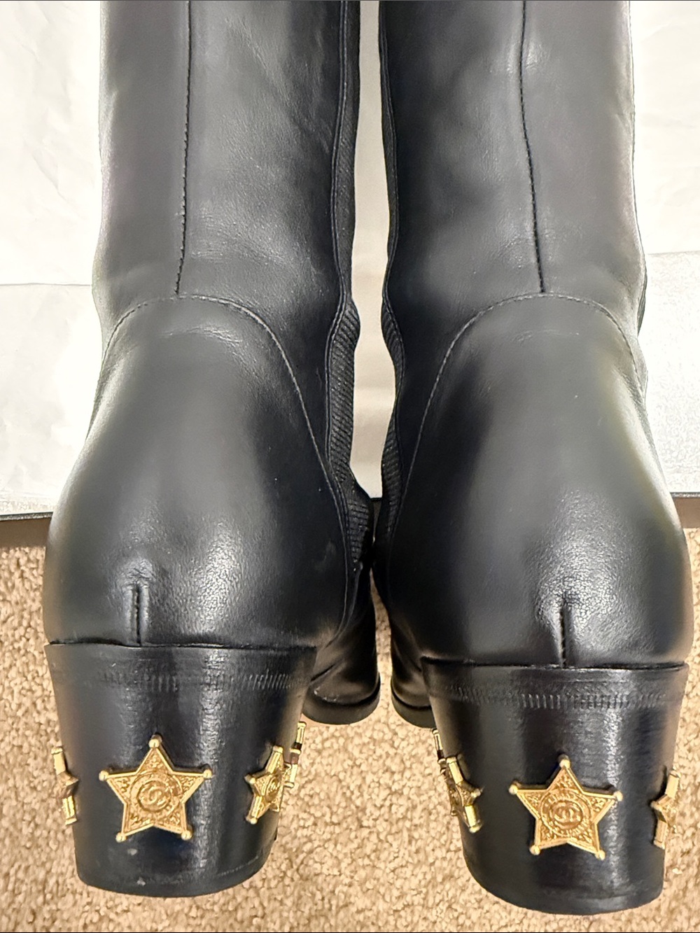 Chanel Runway Black Leather Knee High Boots Gold CC Cap Toe Western Hardware 37 - Picture 10 of 13